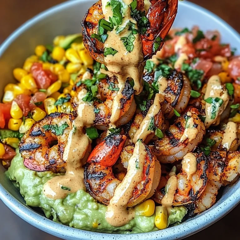 Grilled Shrimp Bowl with Avocado, Corn Salsa & Creamy Sauce