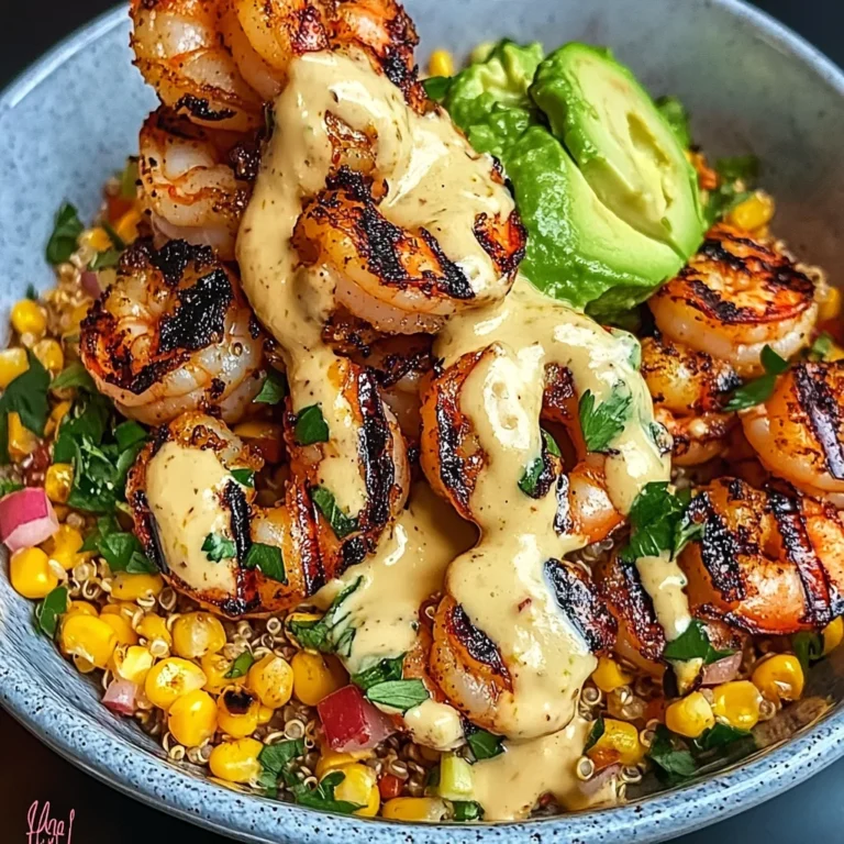 Grilled Shrimp Bowl with Avocado, Corn Salsa & Creamy Sauce