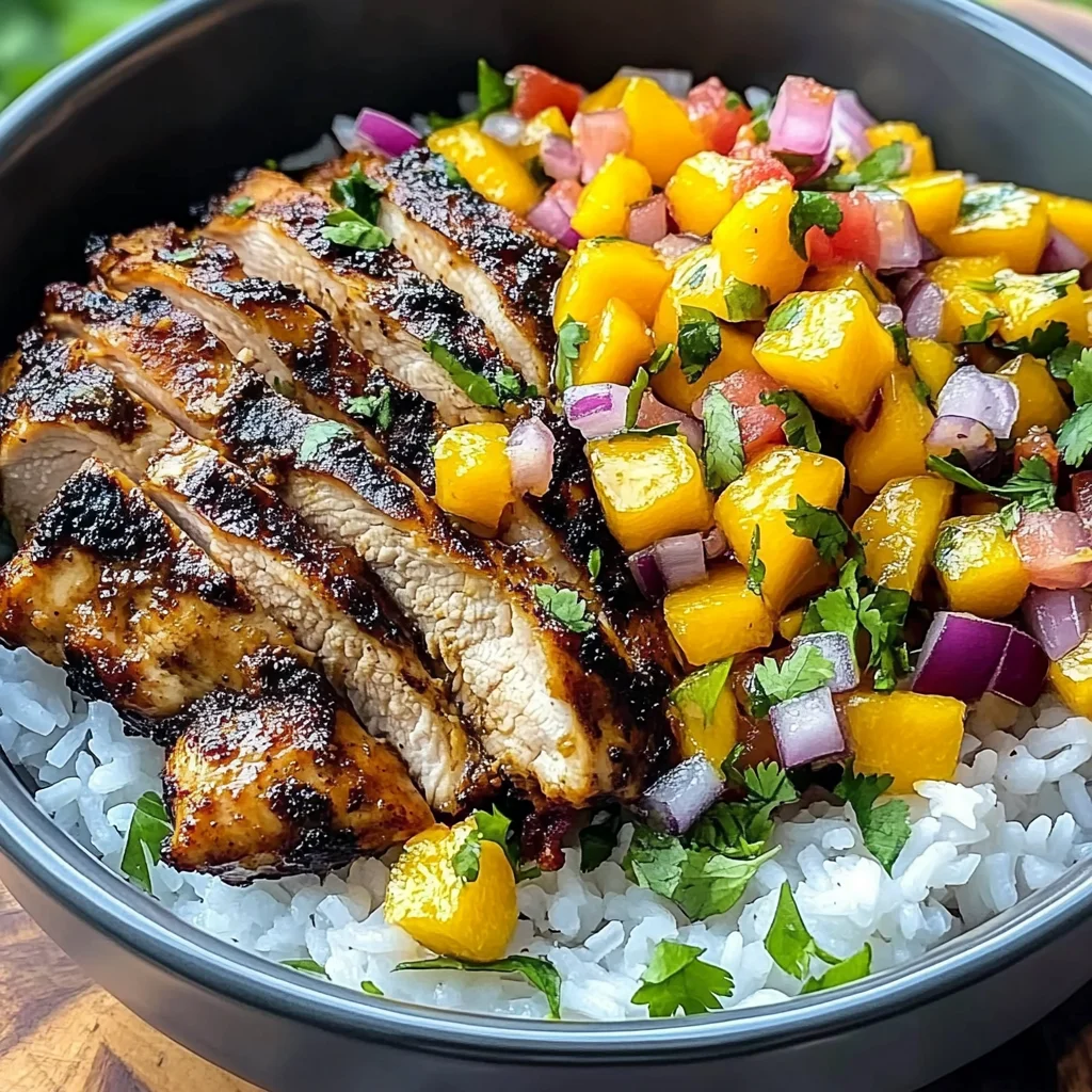 Jerk Chicken Bowls with Mango Salsa and Coconut Rice