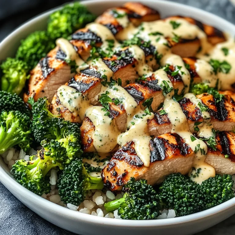 Grilled Chicken & Broccoli Bowls with Creamy Garlic Sauce